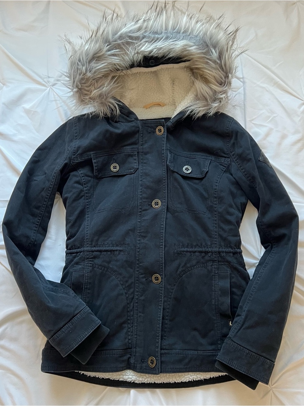 Hollister navy blue button up fur hood tie waist winter/spring coat